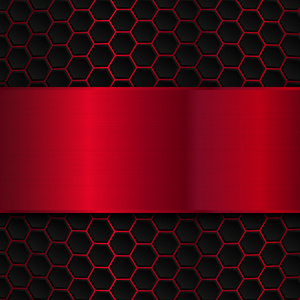几何图案的六边形与红色金属横幅。抽象的金属模板背景