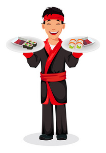 日本厨师煮寿司卷。英俊的卡通人物持有两个盘子与寿司卷。矢量插图