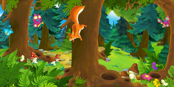 卡通场景与快乐松鼠在树上在森林里儿童插画