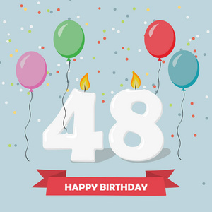 48年 selebration。生日贺卡带蜡烛, 五彩纸屑和气球
