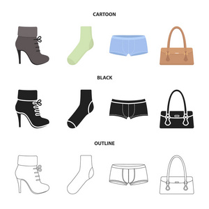 女式靴子, 袜子, 短裤, 女士包。服装套装集合图标卡通, 黑色, 轮廓风格矢量符号股票插画网站