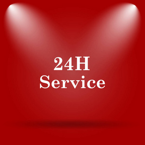 24h 服务图标。红色背景上的平面图标