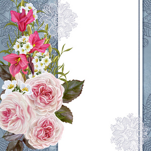 古老的明信片。旧样式。柔和的背景，邀请卡洋红色的仙客来，粉红玫瑰，白色海葵的花束