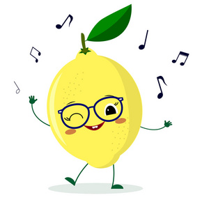 可爱的柠檬卡通人物在眼镜舞蹈音乐。矢量插图, 平面样式