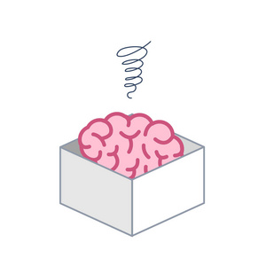 在白色背景下被隔绝的盒子里的大脑, 矢量概念说明停止发展, 平面设计线性图表图标
