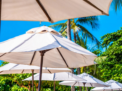 白色伞与椰棕榈树与海洋在蓝天背景为旅行和假期