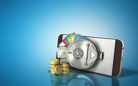移动银行概念手机美元堆硬币和信用卡 3d 渲染上蓝色玻璃背景