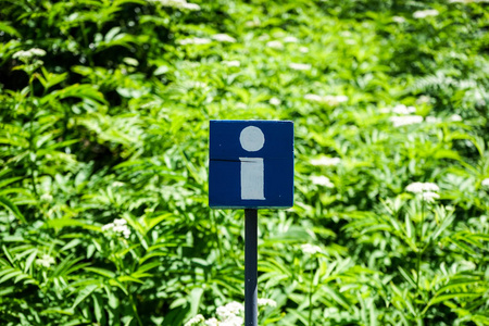 蓝色信息标志与绿色庭院背景