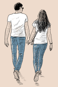 年轻夫妇上散步