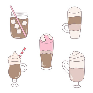 剪贴画矢量卡通咖啡集。彩色手绘矢量插图不同类型的咖啡 摩卡 摩卡奇诺咖啡, 咖啡渍, 拿铁, 拿铁玛奇朵咖啡, 冰咖啡