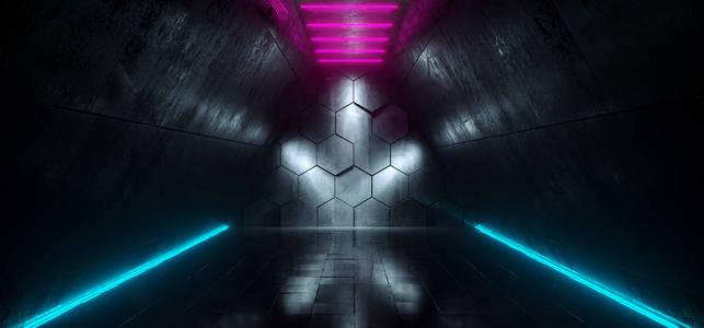 未来的科幻船走廊与六角发光灯反射到处和蓝色 Led 霓虹灯条纹3d 渲染插图