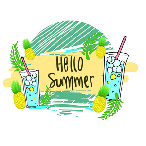 夏季背景, 标志, 手绘和设计元素暑假, 海报和邀请的矢量插图