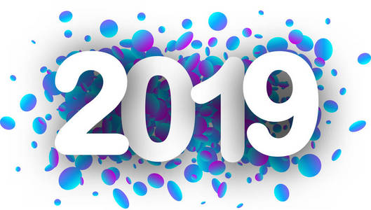 白色2019新年背景与蓝色光谱光泽的五彩纸屑。矢量纸插图