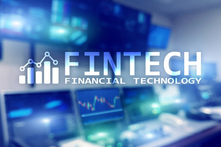 Fintech金融技术, 全球商务和信息互联网通信技术。摩天大楼背景。高新技术企业理念