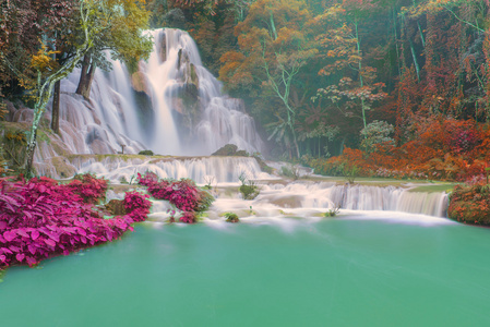 在雨林里 Tat 夼寺瀑布在銮 praba 瀑布