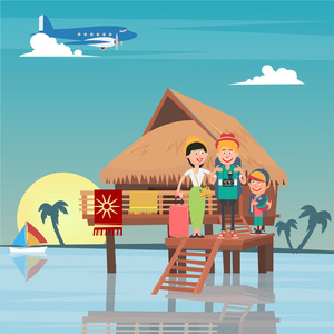 一家人坐飞机旅行。 热带地区的年轻家庭