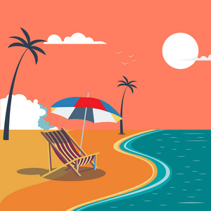 夏季热带海滩与棕榈树和伞