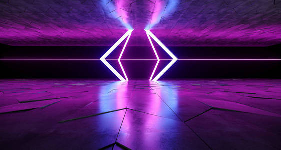 未来现代科幻霓虹灯管在粗糙的混凝土表面发光形状和紫色和蓝色之间的空空间3d 渲染插图