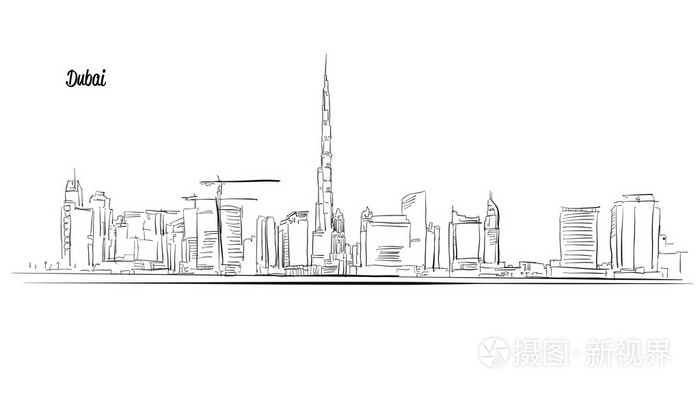 迪拜,阿拉伯联合酋长国.全景图矢量轮廓剪影