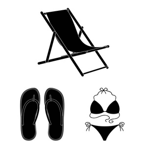 夏季休息黑色图标集合中的设计。海滩辅助向量符号股票网页插图