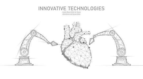 机器人心脏手术低聚。多边形心脏外科手术程序。机器人手臂机械手。现代创新医学科学自动化技术。三角形3d 渲染形状矢量图