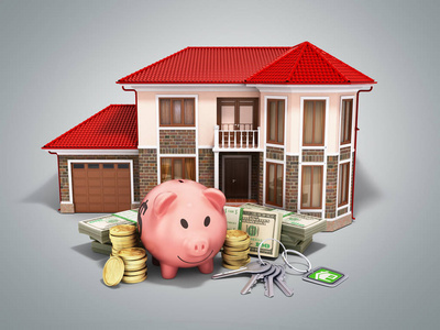 储蓄的概念买房子钱猪美元栈房子3d 渲染灰色