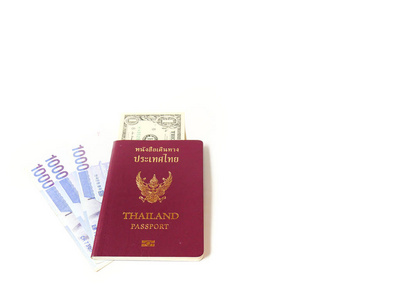 泰国护照和印钞在白色背景下与复制空间, 旅行概念分离