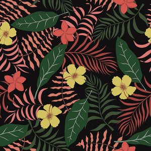 热带背景与棕榈叶和花朵。无缝的花卉图案。夏日矢量插画