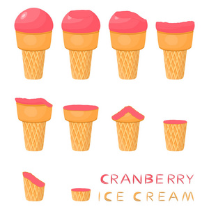 在华夫饼锥上的天然蔓越莓冰淇淋的矢量插图。冰淇淋模式包括甜冷冰淇淋, 美味的冷冻甜点。小红莓在晶圆锥中的新鲜果各式各样