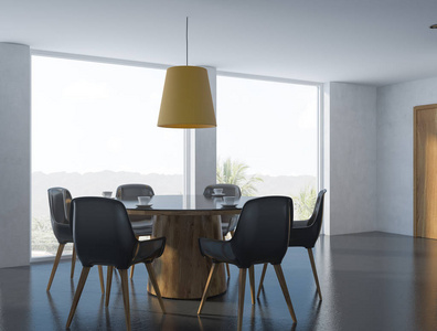 舒适的现代餐厅角落, 白色的墙壁, 黑色的地板, 一个圆桌与黑色和木制椅子和一个全景窗口与热带景观。3d 渲染