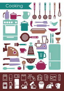 收集厨房用具和家用电器的图标。平面和线性烹饪图标