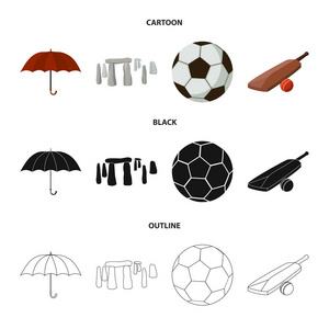 雨伞, 石头, 球, 板球。英国国家集合图标在卡通, 黑色, 轮廓风格矢量符号股票插画网站