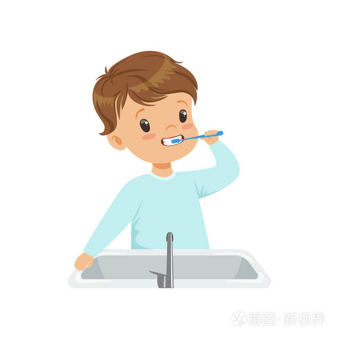 可爱的小男孩刷牙, 孩子照顾牙齿在浴室矢量插图白色背景