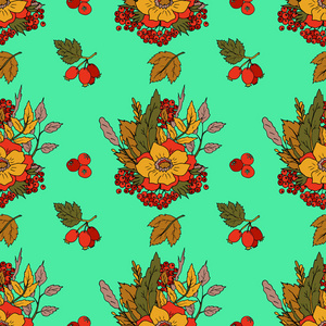 秋季无缝矢量图案, 花, 叶和浆果