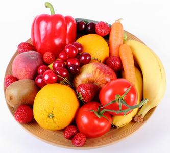 新鲜水果和蔬菜上的木板材