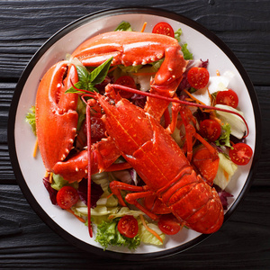 美味的健康食品 煮龙虾与新鲜蔬菜沙拉在一个盘子特写在桌子上。从 abov 的顶级视图