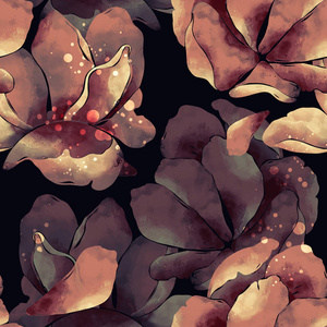 印迹抽象花与细腻的花瓣混合重复无缝图案。数码手绘图片与水彩