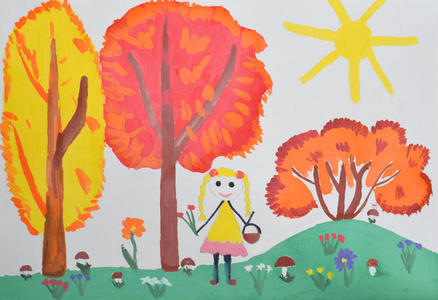 儿童图画 穿着黄色连衣裙的女孩穿过森林, 采摘蘑菇。您好秋季理念