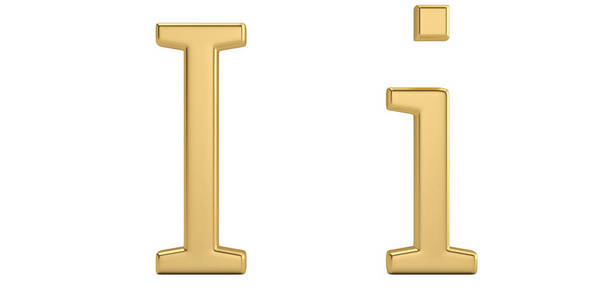 黄金金属 i 字母表隔离在白色背景3d 插图