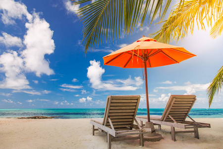 奢侈的暑假概念。遮阳椅和雨伞与棕榈树和完美的海景, 网站模板的海滩和度假。豪华旅游夏日假期设计