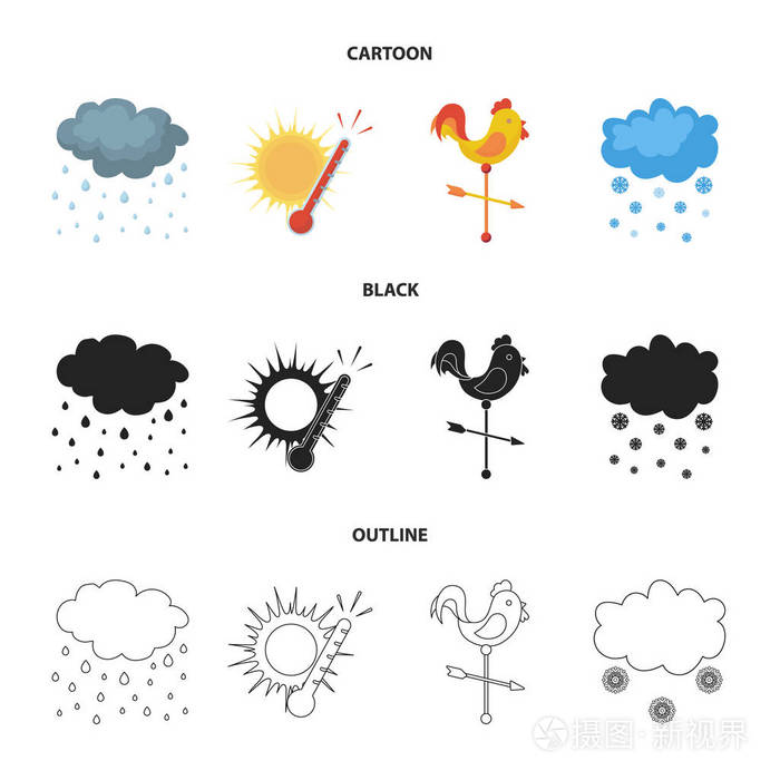 雨, 雪, 热, 风向标.天气集合图标在卡通, 黑色, 轮廓
