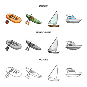 一艘橡皮渔船, 一只划着桨的独木舟, 一条钓鱼帆船, 一辆摩托游艇。船舶和水运集合图标在卡通, 轮廓, 单色风格矢量符号股票插画