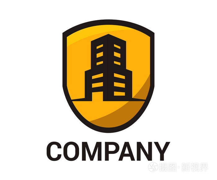 黑黄彩屋房地产建筑建筑零售物业住宅楼塔楼剪影与盾构公司徽标设计