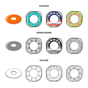 多彩多姿的游泳圈卡通, 轮廓, 单色图标在集合中进行设计。不同的救生圈矢量符号股票 web 插图