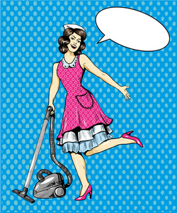 女人在家里吸尘地板。 清洁服务概念向量