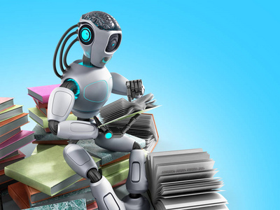 机器人的现代概念是读书坐在一堆 books3d 渲染蓝色