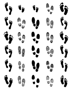 白色背景下鞋和人脚的黑色指纹图片