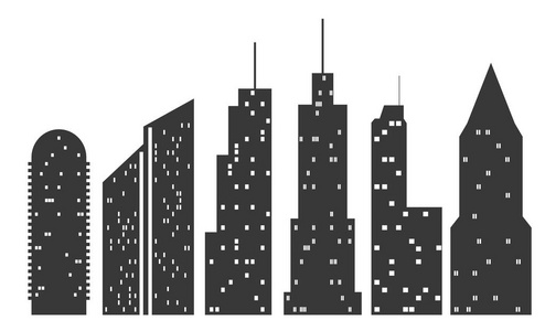 一组摩天大楼的剪影。6主题, 黑色和白色, 与发光的窗口。平坦的风格。并非所有窗口都亮起