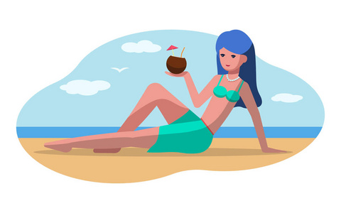 在沙滩上拿着椰子鸡尾酒的女孩