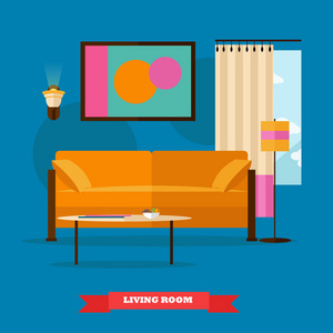 室内装饰客厅在平面样式。矢量图和家具 沙发 桌子 窗口 灯。设计元素和图标
